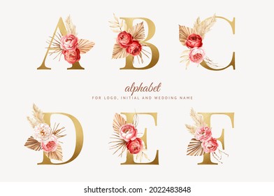 set watercolor boho floral alphabet with golden letter