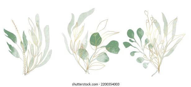 Set of watercolor botanical element vector. Luxury foliage collection of leaf branch, eucalyptus leaves, flowers, with gold line art. Elegant collection for wedding, invitation, decorative, card.