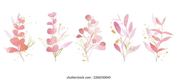 Set of watercolor botanical element vector. Luxury foliage collection of leaf branch, eucalyptus leaves, flowers, with gold line art. Elegant collection for wedding, invitation, decorative, card.