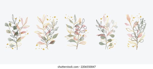 Set of watercolor botanical element vector. Luxury foliage collection of leaf branch, eucalyptus leaves, flowers, with gold line art. Elegant collection for wedding, invitation, decorative, card.