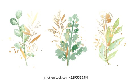 Set of watercolor botanical element vector. Collection of watercolor and golden plants. Elegant collection for wedding, invitation, decorative, card.