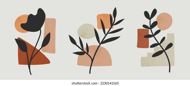 Set of watercolor botanical leaf background. Collection of botanical leaf branch with earth tone color organic shape, vintage style background. Design illustration for wall art, decoration, wallpaper.