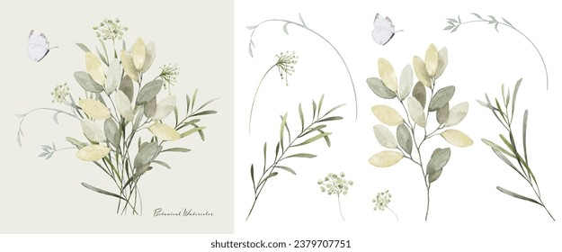 Set of watercolor bouquets of green leaves branches elements. Collection botanical vector isolated on white background suitable for Wedding Invitation, save the date, thank you, or greeting card.
