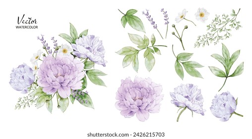 Conjunto de ramos de acuarela con elementos de flores de peonía. Colección de vector botánico aislado sobre fondo blanco adecuado para invitación de boda, guardar la fecha, gracias, o tarjeta de felicitación.