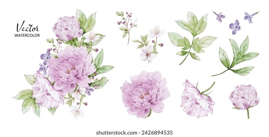 Conjunto de ramos de acuarela con elementos de flores de peonía. Colección de vector botánico aislado sobre fondo blanco adecuado para invitación de boda, guardar la fecha, gracias, o tarjeta de felicitación.