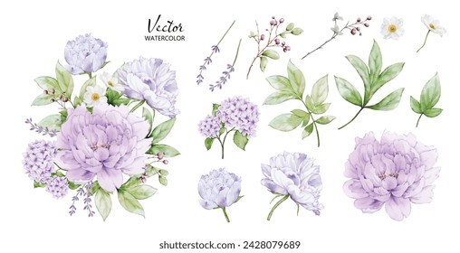 Conjunto de ramos de acuarela con elementos de flores de peonía. Colección de vector botánico aislado sobre fondo blanco adecuado para invitación de boda, guardar la fecha, gracias, o tarjeta de felicitación.