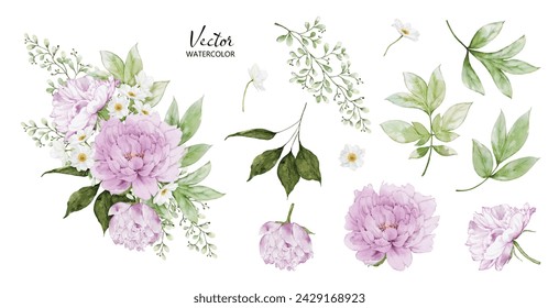 Conjunto de ramos de acuarela con elementos de flores de peonía. Colección de vector botánico aislado sobre fondo blanco adecuado para invitación de boda, guardar la fecha, gracias, o tarjeta de felicitación.