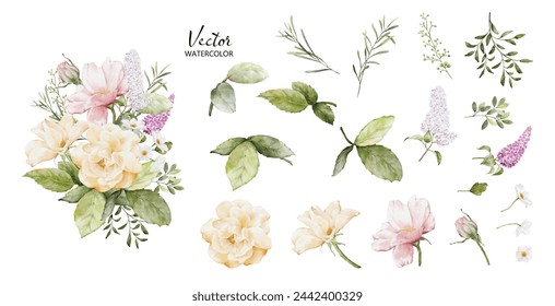 Set of watercolor bouquets with peony flower elements. Collection botanical vector isolated on white background suitable for Wedding Invitation, save the date, thank you, or greeting card.