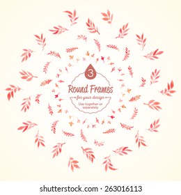 Set watercolor branches and leaves red round frame. Vectorized watercolor drawing. Use for your cards, flyers and invitations. 