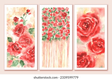 Set of watercolor bright  art posters. Wall canvas design. Red roses with green leaves, fence, village, country cosy pictures. Bright colors. Interior art.