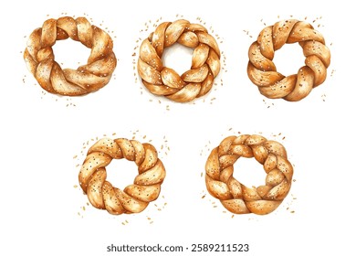 Set of watercolor buns png. Bakery braided products sprinkled with sesame seeds. watercolor png. Bread for Easter, Shabbat and other religious holidays. Watercolor buttery pastries.