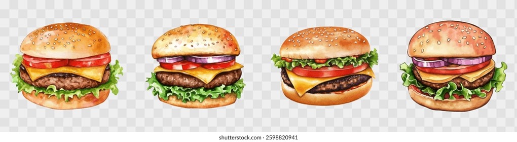 A set of watercolor burgers png. Juicy burgers with cold meat, tomato, salad, cheese, sauce and a crispy bun. Watercolor fast food. Vector illustration.