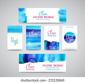 Set of watercolor business cards template and banners with hand painted brush strokes backgrounds 