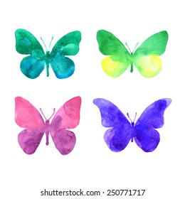Set of watercolor butterflies on white background. Vector illustration.