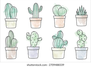 Conjunto de Ilustración vectorial de cactus de acuarela