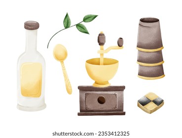 Set of Watercolor Cafe Elements Vector