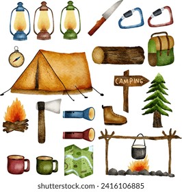 Set of Watercolor Camping Element