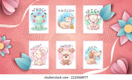 Set watercolor cartoon character animal