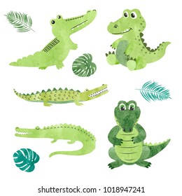 Set of watercolor cartoon crocodiles. Vector illustration of alligators.