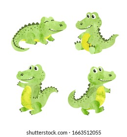 Set of watercolor cartoon crocodiles. Vector illustration of alligators.	