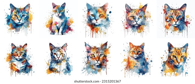 Set of watercolor cat faces, colorfull cat portrait isolated on white background. cat paint splash icons. set of colorfull paint splash dogs. 