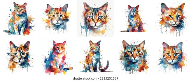 Set von Aquarell-Katzengesichtern, buntes Katzenportrait einzeln auf weißem Hintergrund. Katzen malen Splash-Symbole. Set von farbigen Lack-Hunden. 