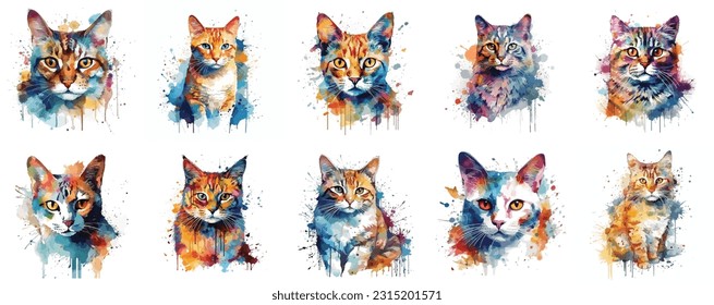 Set of watercolor cat faces, colorfull cat portrait isolated on white background. cat paint splash icons. set of colorfull paint splash dogs. 