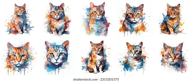 Set of watercolor cat faces, colorfull cat portrait isolated on white background. cat paint splash icons. set of colorfull paint splash dogs. 