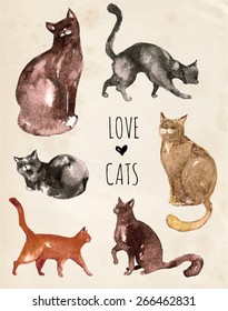  Set of watercolor cats. Isolated cat silhouettes in various poses.  Vector hand drawn set . Love cats