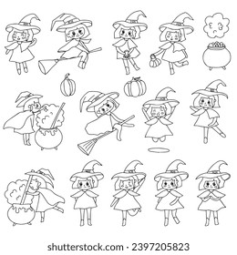 set of watercolor and ccartoon hand drawn witch on halloween celebration