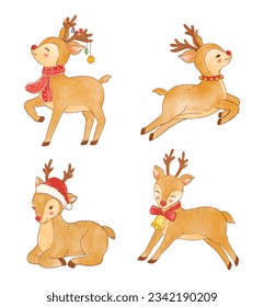 set of watercolor character of Christmas reindeer