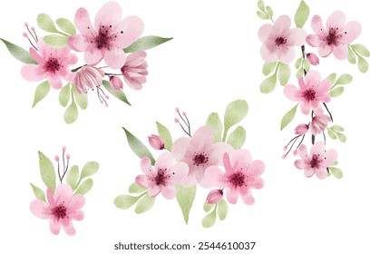 Conjunto de arranjo de flor de cerejeira de aquarela. Aquarela Sakura