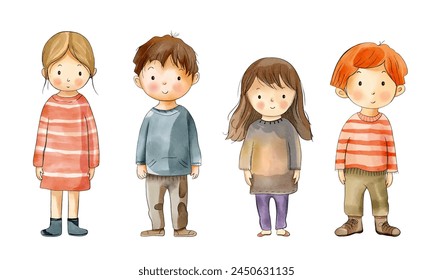 Set of watercolor children standing. Watercolor girl, boy. Cute babies