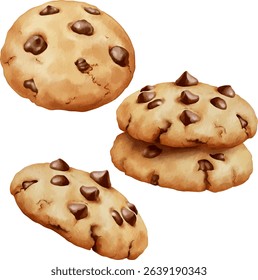 Set of watercolor chocolate chips cookies vector clip art. Watercolor painting style of cookies illustration for baking day and event isolated on white background.