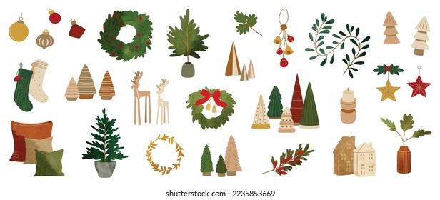 Set of watercolor christmas element vector illustration. Collection of christmas wreath, bauble ball, socks, decorative christmas tree, bell. Design for sticker, card, poster, invitation, greeting.