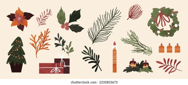 Set of watercolor christmas element vector illustration. Collection of christmas tree, present, candle light, leaf branch, floral wreath. Design for sticker, card, poster, invitation, greeting.