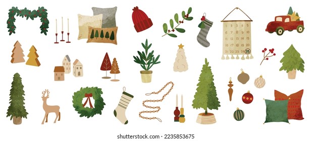 Set of watercolor christmas element vector illustration. Collection of christmas wreath, bauble ball, socks, christmas tree, reindeer, hat. Design for sticker, card, poster, invitation, greeting.