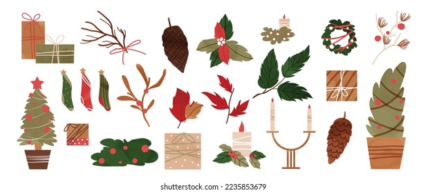 Set of watercolor christmas element vector illustration. Collection of christmas tree, present, candle light, leaf branch, wreath, pine cone. Design for sticker, card, poster, invitation, greeting.