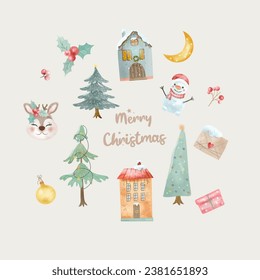 Set of watercolor Christmas elements. Isolate on a white background. Vector illustration.