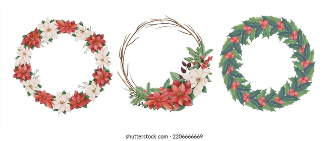 Set Watercolor Christmas floral frame or winter floral wreath consisting of flowers, leaves and branches. Frame vignette with a bouquet of flowers. Crown and Arch. Suitable for holiday invitation card