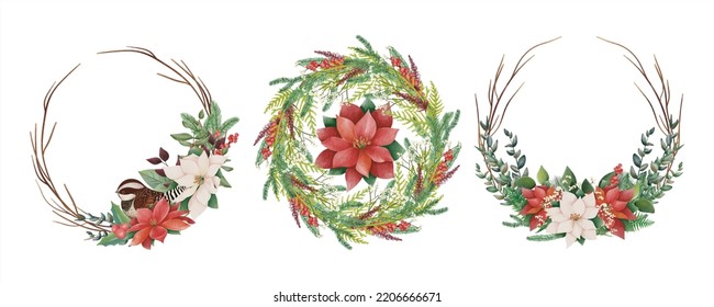 Set Watercolor Christmas floral frame or winter floral wreath consisting of flowers, leaves and branches. Frame vignette with a bouquet of flowers. Crown and Arch. Suitable for holiday invitation card