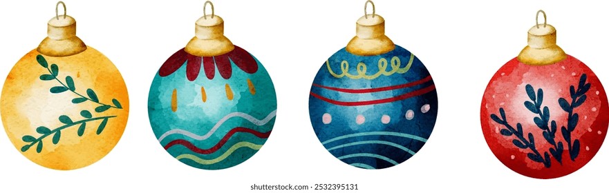 Conjunto de adorno de Navidades de acuarela. Bola de Navidad