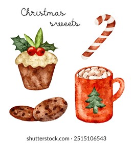 Set watercolor Christmas sweets, cupcake, cookie, candy can and cacao with marshmallow