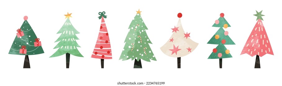 Set of watercolor christmas tree vector illustration. Collection of hand drawn cute decorative christmas trees isolated on white background. Design for sticker, decoration, card, poster, artwork.