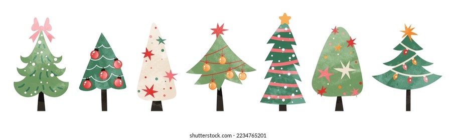 Set of watercolor christmas tree vector illustration. Collection of hand drawn cute decorative christmas trees isolated on white background. Design for sticker, decoration, card, poster, artwork.