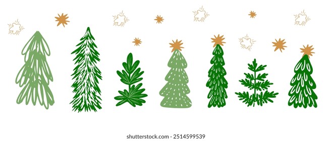 Set of watercolor christmas tree vector illustration. Collection of hand drawn cute decorative christmas trees isolated on white background. Design for sticker, decoration, card, poster, artwork.