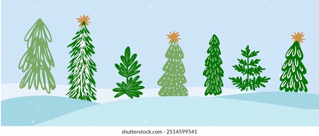 Conjunto de aquarela árvore natal vetor ilustração. Coleção de árvores de Natal decorativas bonitas desenhadas à mão isoladas no fundo branco. Design para adesivo, decoração, cartão, cartaz, arte.