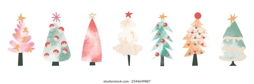 Set of watercolor christmas tree vector illustration. Collection of hand drawn cute decorative christmas trees isolated on white background. Design for sticker, decoration, card, poster, artwork.