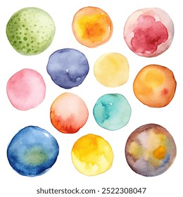 A set of watercolor circles in various colors. The circles are all different sizes and are arranged in a grid. The colors of the circles are blue, green, yellow, and red. Scene is bright and cheerful