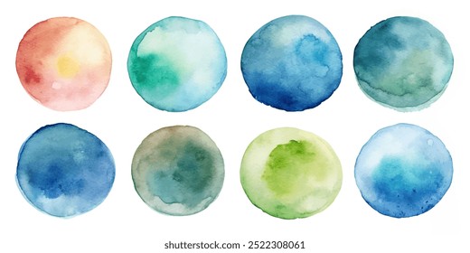 A set of watercolor circles in various shades of blue, green, and red. The circles are arranged in a row, with some overlapping each other